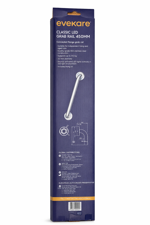 Evekare Classic LED Grab Rail 450mm – Stainless Steel Bathroom Safety Support Bar with Motion-Activated Light