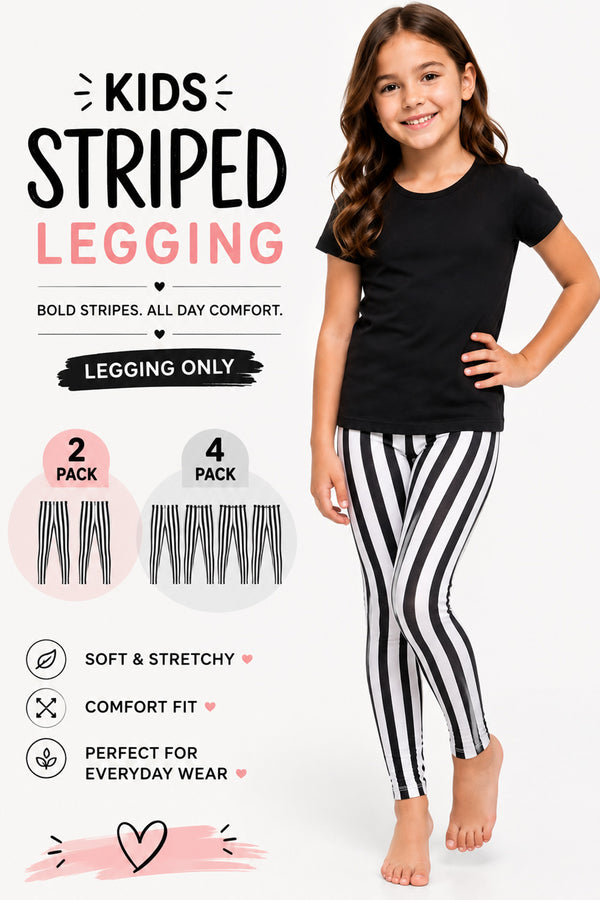 Kids Black and White Striped Leggings | Halloween Costume Tights - 2/4 Pack