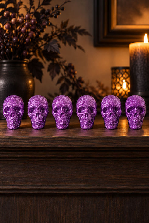 Purple Glitter Skull Decorations Multi Pack – Halloween Party Table and Shelf Decor