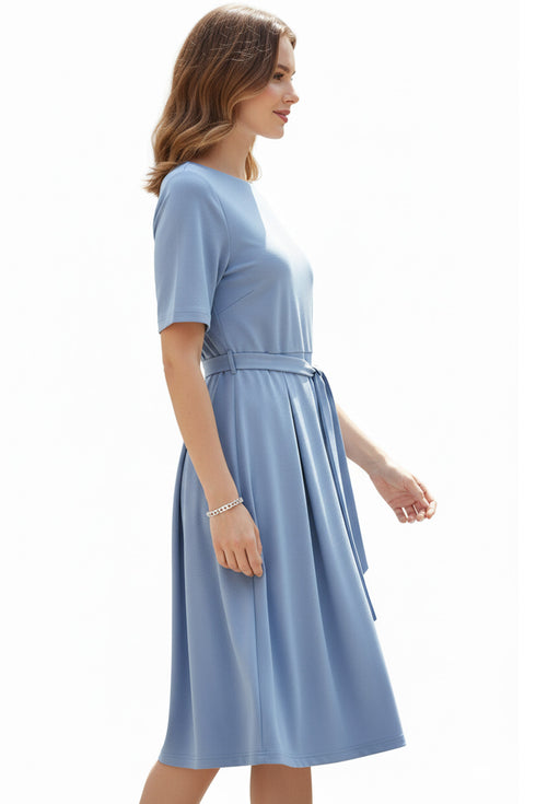 Womens Plain Short Sleeves Dress with Belt