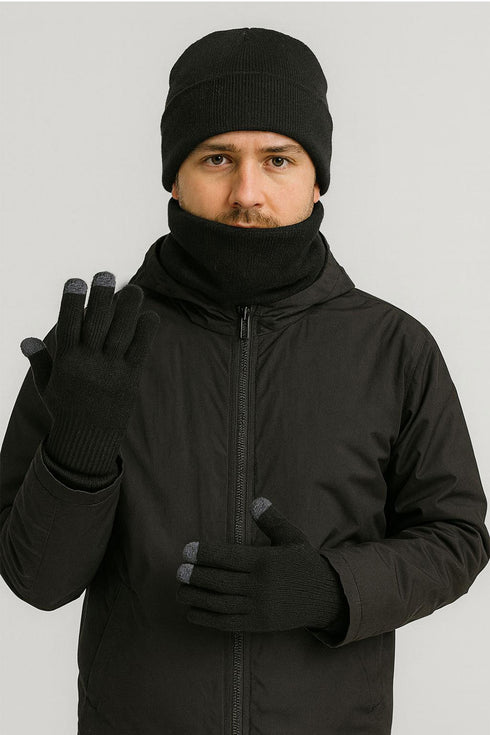 Unisex Winter Hat, Neck Warmer & Touchscreen Gloves Set – 3 Pieces Knit Cold Weather Accessories
