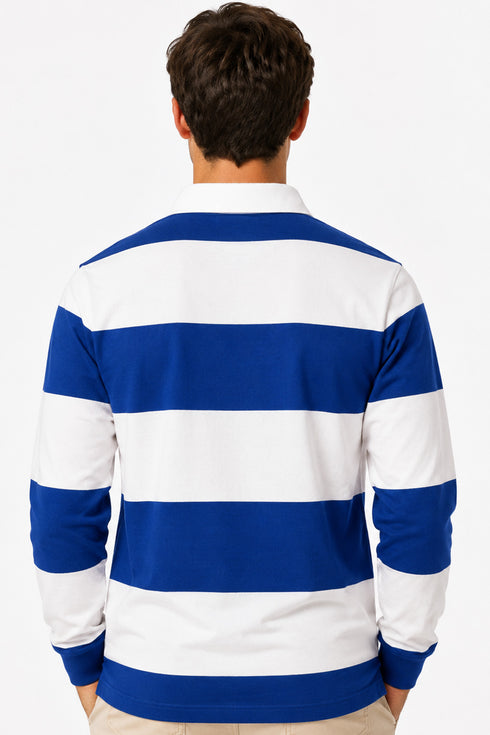 Men’s Long Sleeve Striped Rugby Shirt – 100% Cotton Polo Top.