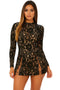 Black Lace Long Sleeve Mini Dress with Side Slits and Open Back