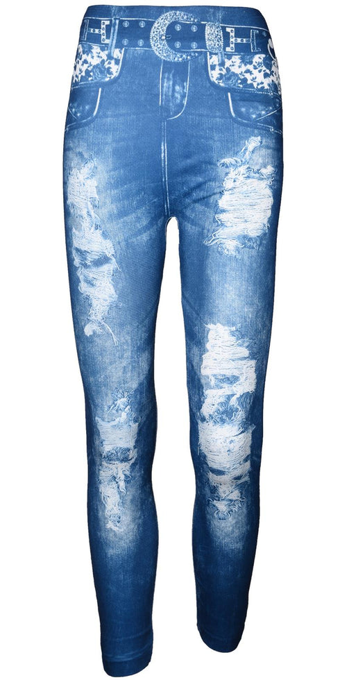 Women’s Ripped Denim Print Jeggings – High Waist Stretch Skinny Jeans with Faux Belt Design