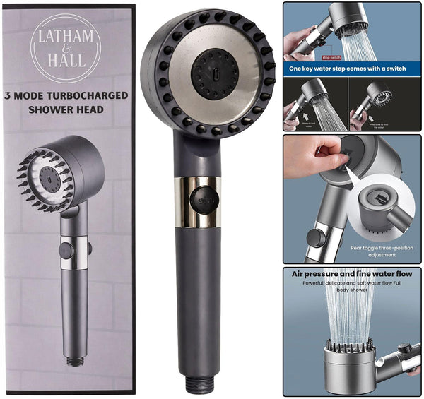 TrueFace 3 Mode Turbocharged High Pressure Shower Head – Water Saving Handheld Spray with On/Off Switch (Matte Grey)