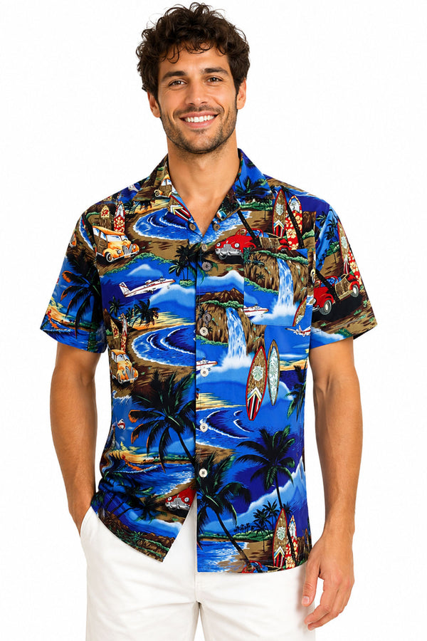 Men’s Blue Hawaiian Shirt – Tropical Beach Print Summer Holiday Short Sleeve