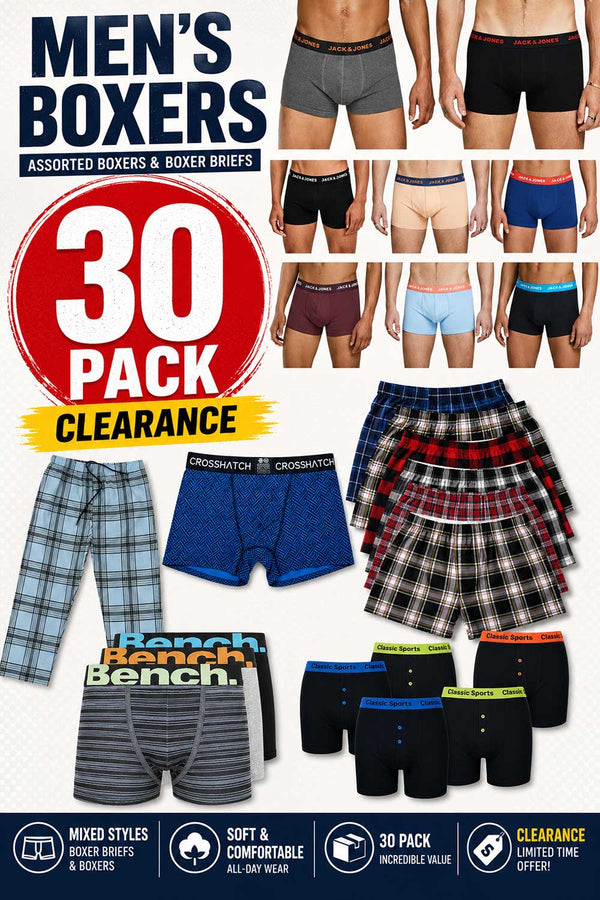 30 Pack Men’s Assorted Briefs & Boxers - From 66p Per Unit