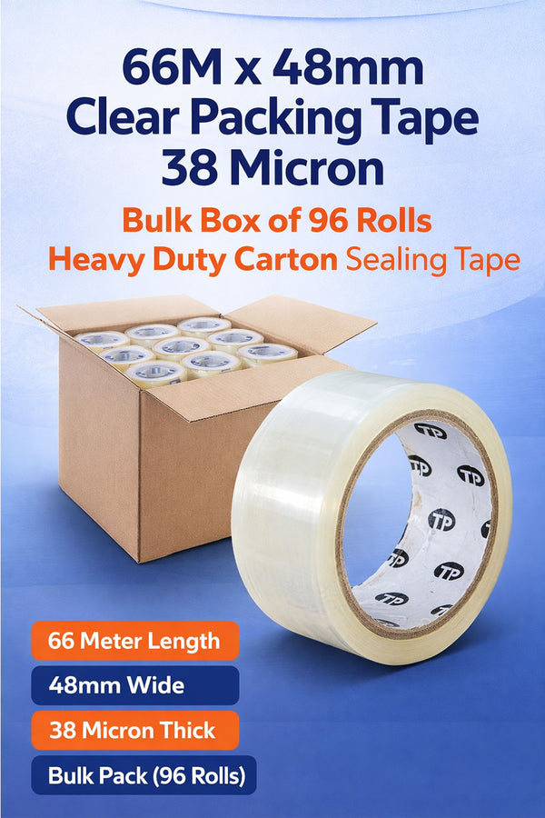 66M Clear Packing Tape, 38 Micron, 96 Rolls - Heavy Duty Carton Sealing Tape