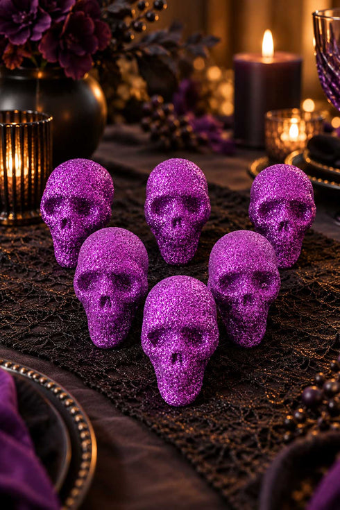 Purple Glitter Skull Decorations Multi Pack – Halloween Party Table and Shelf Decor