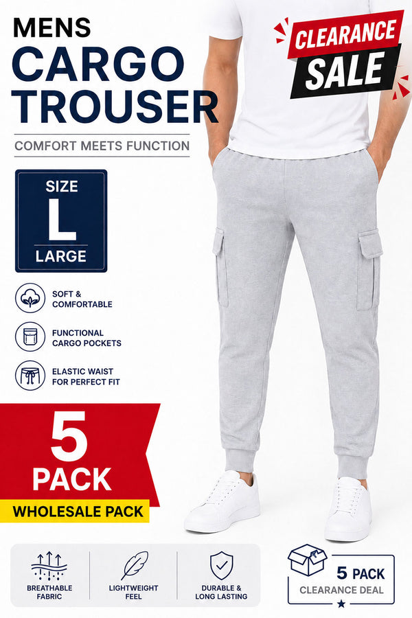 5 Pack Men’s Grey Cargo Jogger Trousers Large - From £5.49 Per Unit