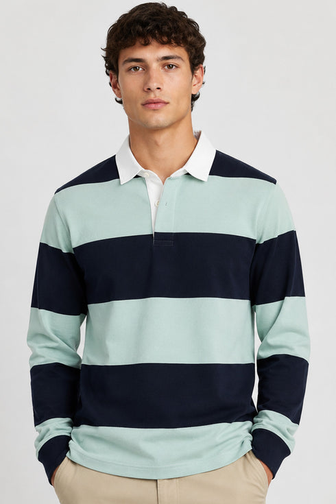 Men’s Long Sleeve Striped Rugby Shirt – 100% Cotton Polo Top.