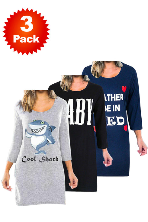 3 Pack Womens Long Sleeve Cotton Night Shirts