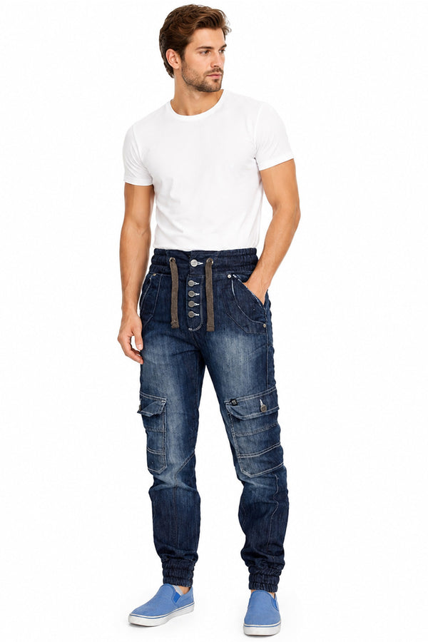 Men’s Denim Cargo Jogger Jeans with Drawstring Waist