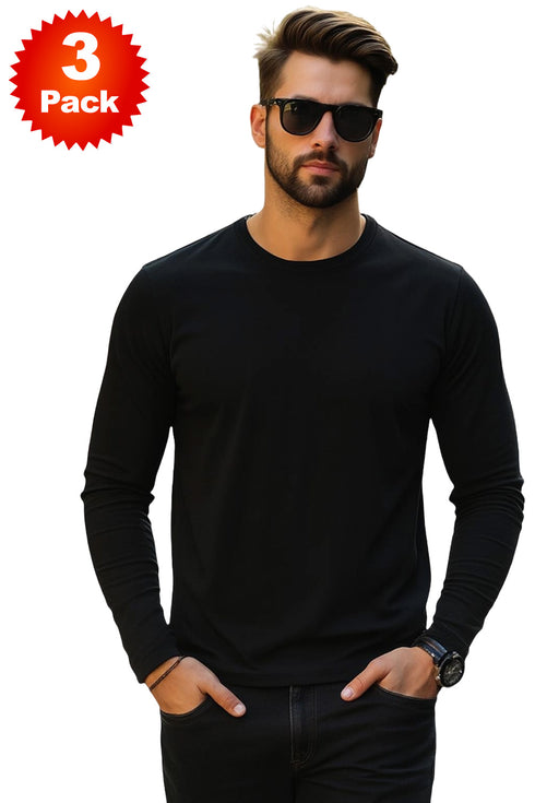 Mens 3 Pack Long Sleeve T-Shirts – Cotton Blend Crew Neck Tops – Black, Navy & Grey (S–XL)