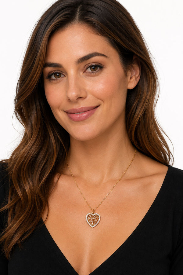Gold Tree of Life Heart Pendant Necklace for Women