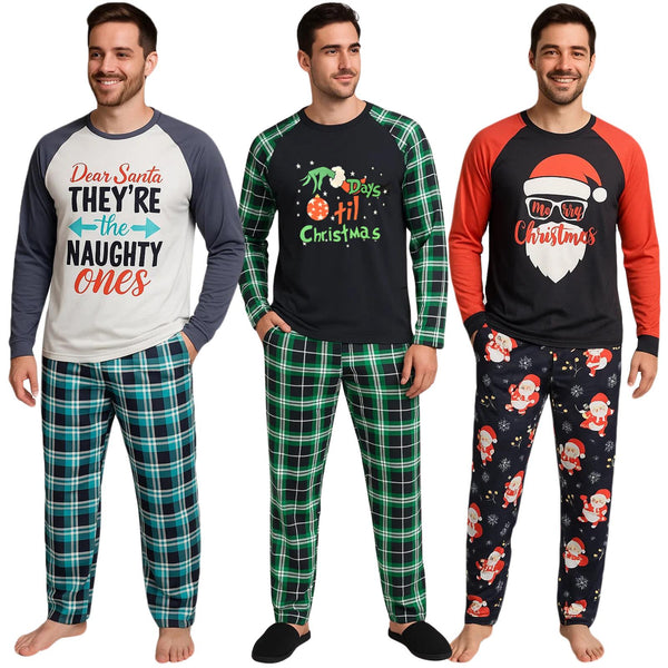 3-Pack Men’s Christmas Pajama Sets – Funny Holiday Designs & Plaid Pants