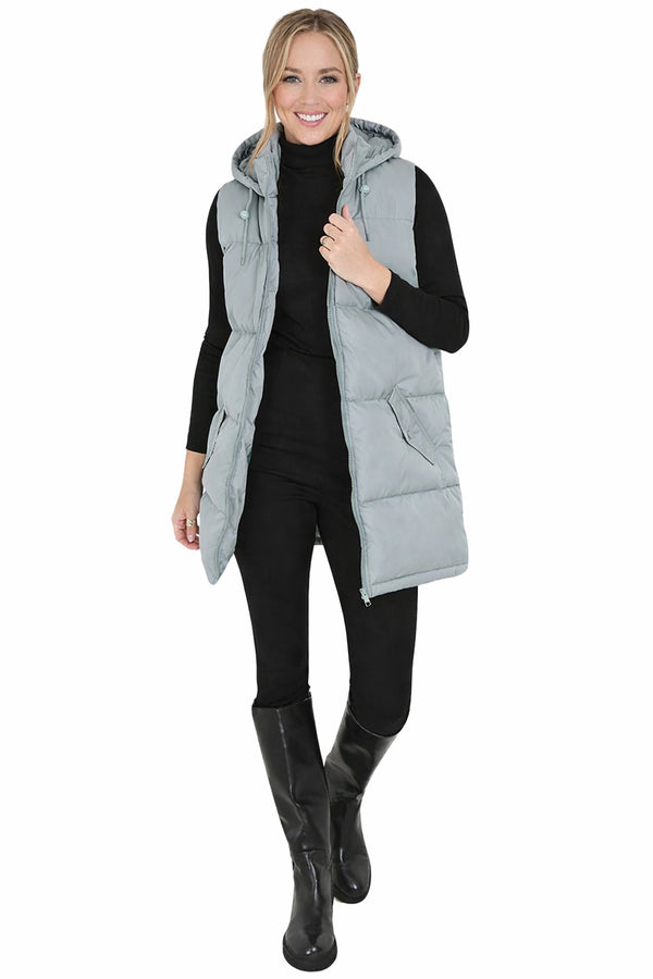 Womens Grey Zipper Hooded Puffer Jacket