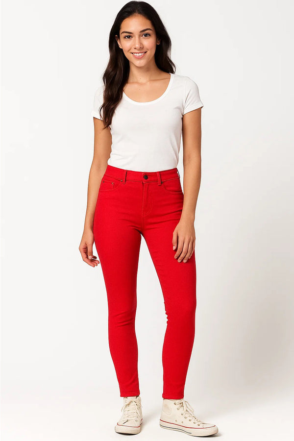 Ladies Red Stretched Buttoned Jeggings