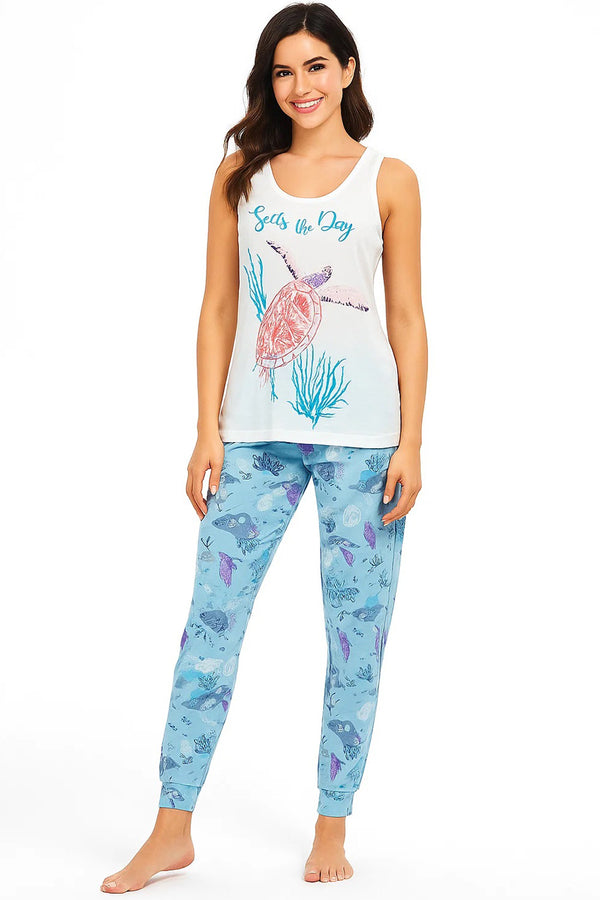 Women’s Summer Pajama Set – Sleeveless Tank Top with Sea Turtle Print & Ocean-Themed Trouser