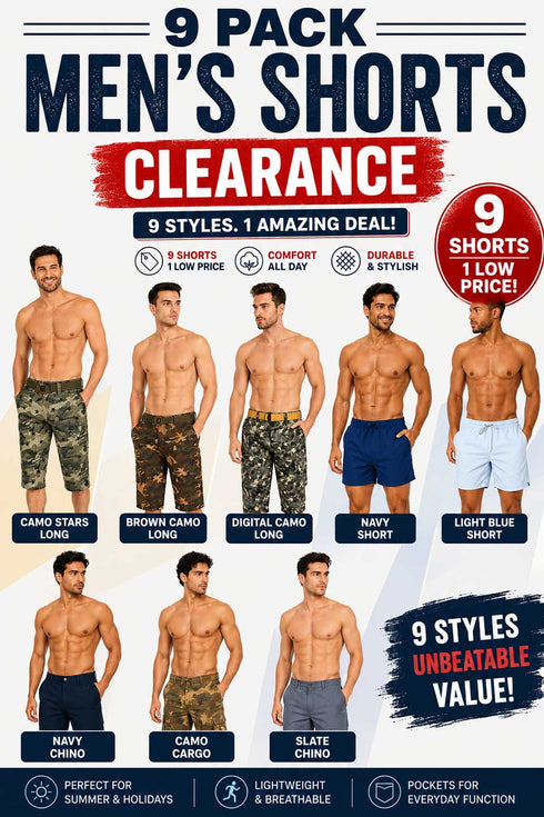 9 Pack Men’s Shorts Clearance Bundle - From £2.77 Per Unit