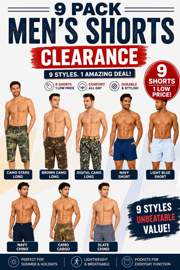 9 Pack Men’s Shorts Clearance Bundle - From £2.77 Per Unit