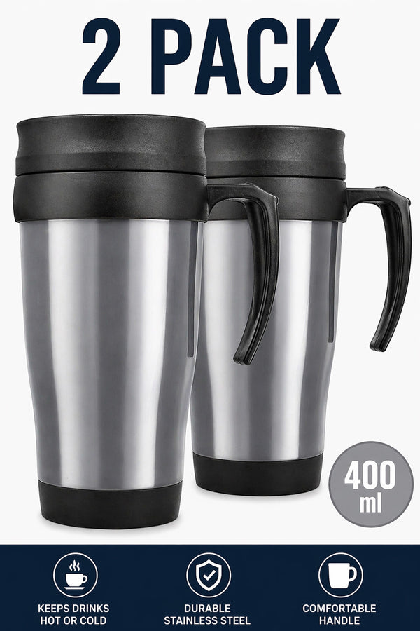 Travel Mug with Handle & Lid – 400ml Insulated Coffee Cup (Single / 2 Pack)