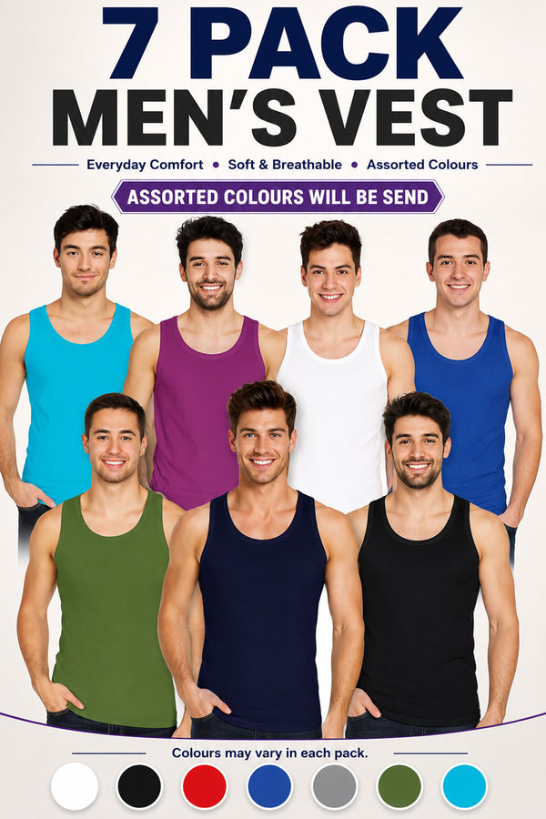 7 Pack Mens Plain Cotton Summer Vest - Assorted
