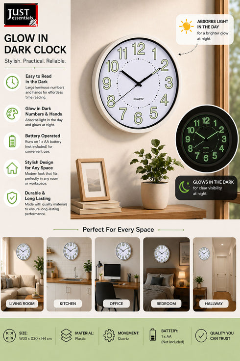 Quartz Glow in the Dark Wall Clock - 12 Inch