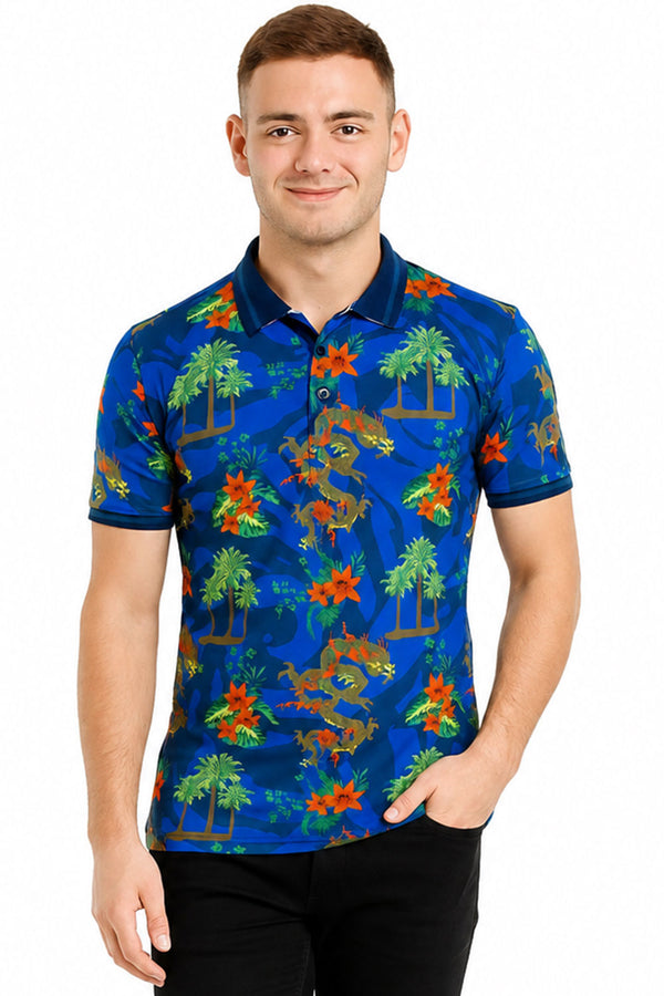 Men’s Blue Polo Shirt with Dragon & Tropical Floral Print – Stylish Casual Wear