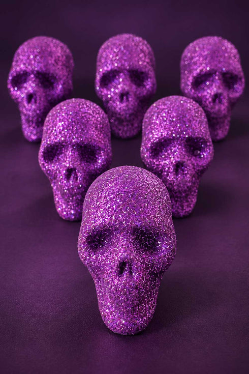 Purple Glitter Skull Decorations Multi Pack – Halloween Party Table and Shelf Decor
