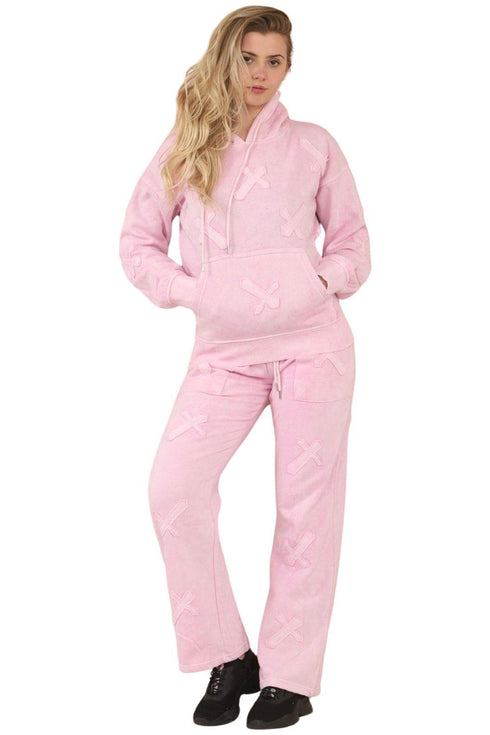 Women’s Oversized Cross Applique Tracksuit – Drop shoulder Hoodie & Wide Leg Joggers Set