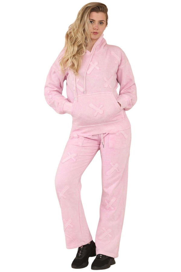Women’s Oversized Cross Applique Tracksuit – Drop shoulder Hoodie & Wide Leg Joggers Set