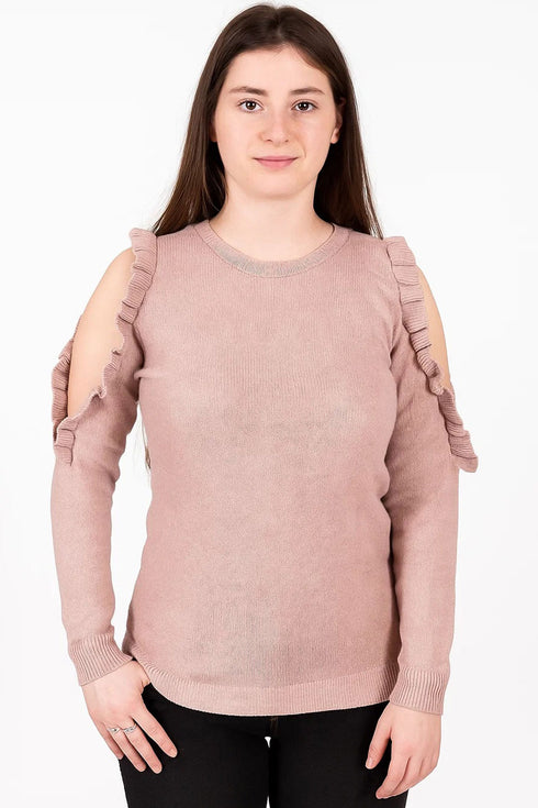 Ladies Cold Shoulder Ruffle Knit Top