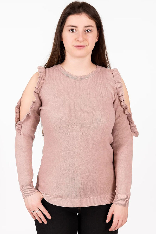 Ladies Cold Shoulder Ruffle Knit Top