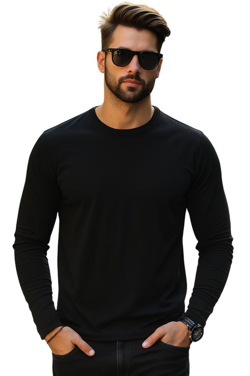 Mens 3 Pack Long Sleeve T-Shirts – Cotton Blend Crew Neck Tops – Black, Navy & Grey (S–XL)