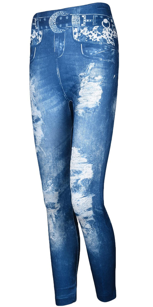Women’s Ripped Denim Print Jeggings – High Waist Stretch Skinny Jeans with Faux Belt Design