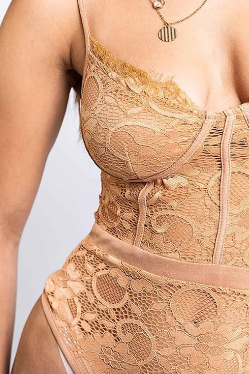 Women’s Nude Lace Bodysuit – Sheer Lingerie with Adjustable Straps