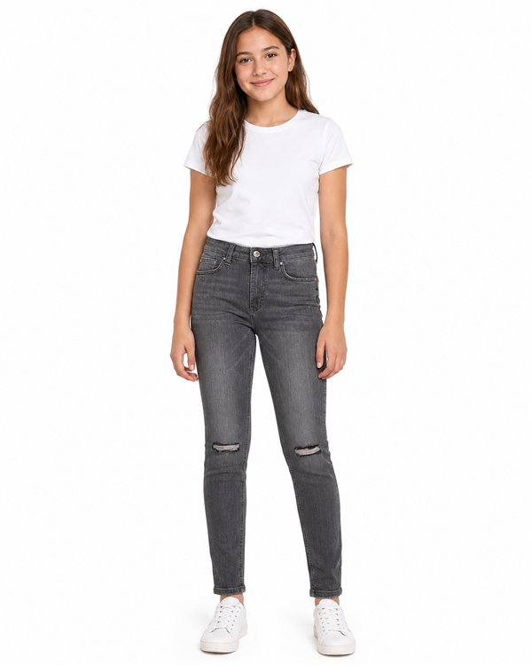 Girls Grey Ripped Skinny Jeans – Casual Stretch Denim