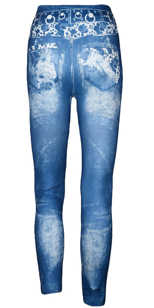 Women’s Ripped Denim Print Jeggings – High Waist Stretch Skinny Jeans with Faux Belt Design