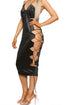 Women's Black Satin Lace-Up Side Bodycon Midi Dress