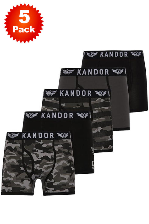 5 Pack Kandor Men’s Boxer Briefs Multipack – Cotton Stretch Underwear with Camo, Solid & Contrast Waistband