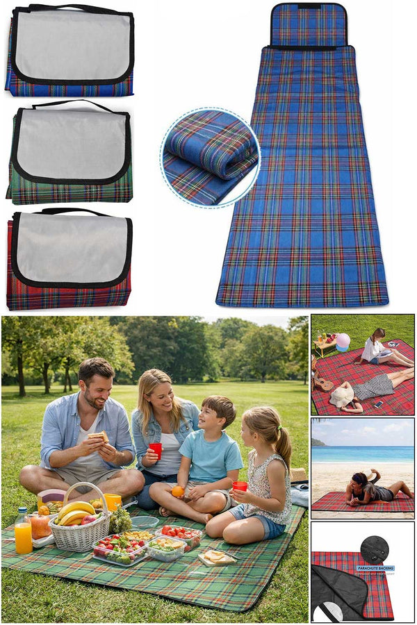 Foldable Waterproof Picnic Blanket with Handle – Large Outdoor Tartan Mat for Beach, Camping & Park