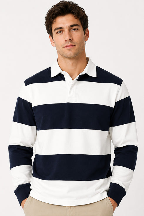 Men’s Long Sleeve Striped Rugby Shirt – 100% Cotton Polo Top.