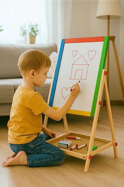 Kids Double-Sided Wooden Easel – Chalkboard & Whiteboard with Accessories