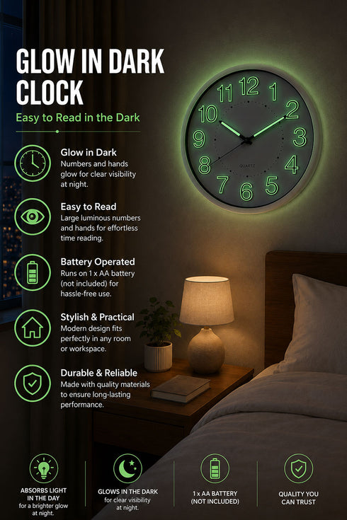 Quartz Glow in the Dark Wall Clock - 12 Inch