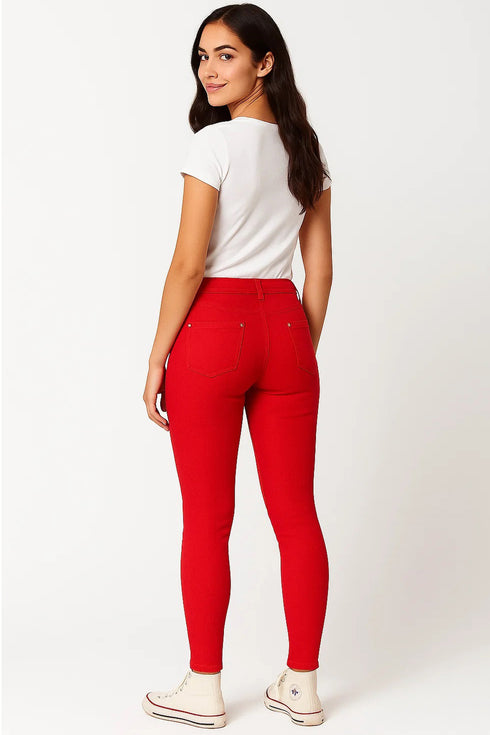 Ladies Red Stretched Buttoned Jeggings