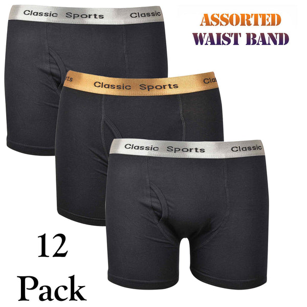 12 Pack Men's Boxer Briefs - Black Cotton Blend - Assorted Waistbands