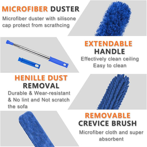 6-Piece Extendable Microfiber Duster Cleaning Kit – Telescopic Handle for Ceiling Fans, Blinds & Furniture