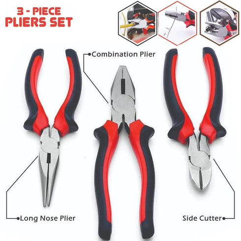 3-Piece Pliers Set – Long Nose, Combination & Diagonal Cutting Pliers with Comfort Grip Handles