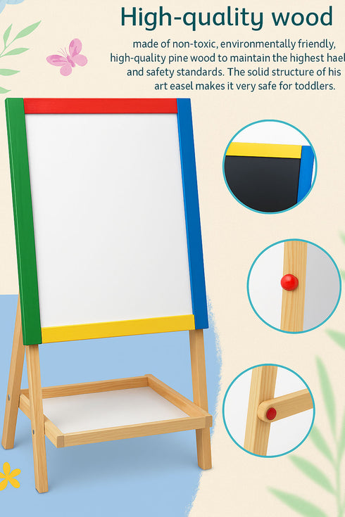 Kids Double-Sided Wooden Easel – Chalkboard & Whiteboard with Accessories